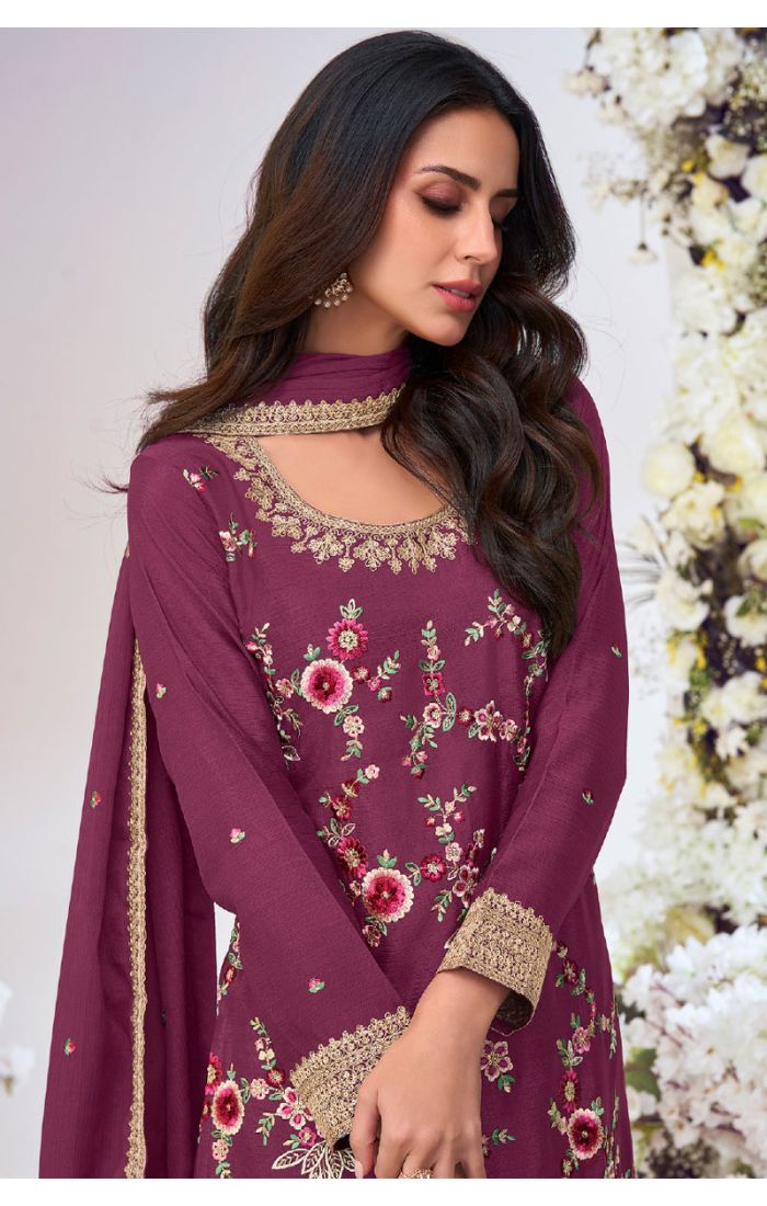 Full view of wine straight suit with palazzo pants and chiffon dupatta for festive wear