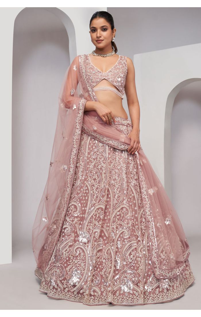 Buy Dusty Pink Net Bridal Lehenga with Embroidery for Weddings Online in UK and USA