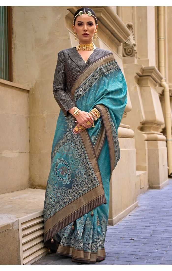 Aqua Blue Silk Saree with Designer Blouse, Zari Weaving & Embroidery – Wedding & Festive Wear