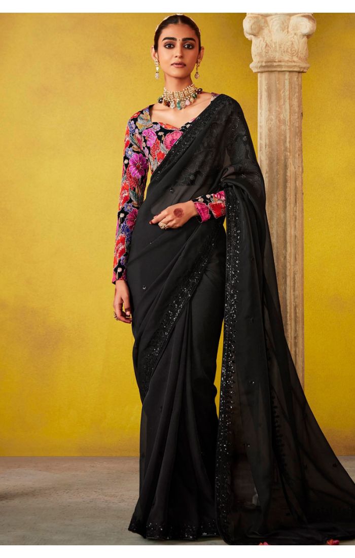 Black chiffon saree with floral embroidery, designed for EID and weddings.