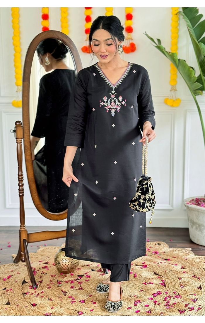 Black embroidered cotton kurti set with pink ombre dupatta, perfect for festive and wedding occasions.