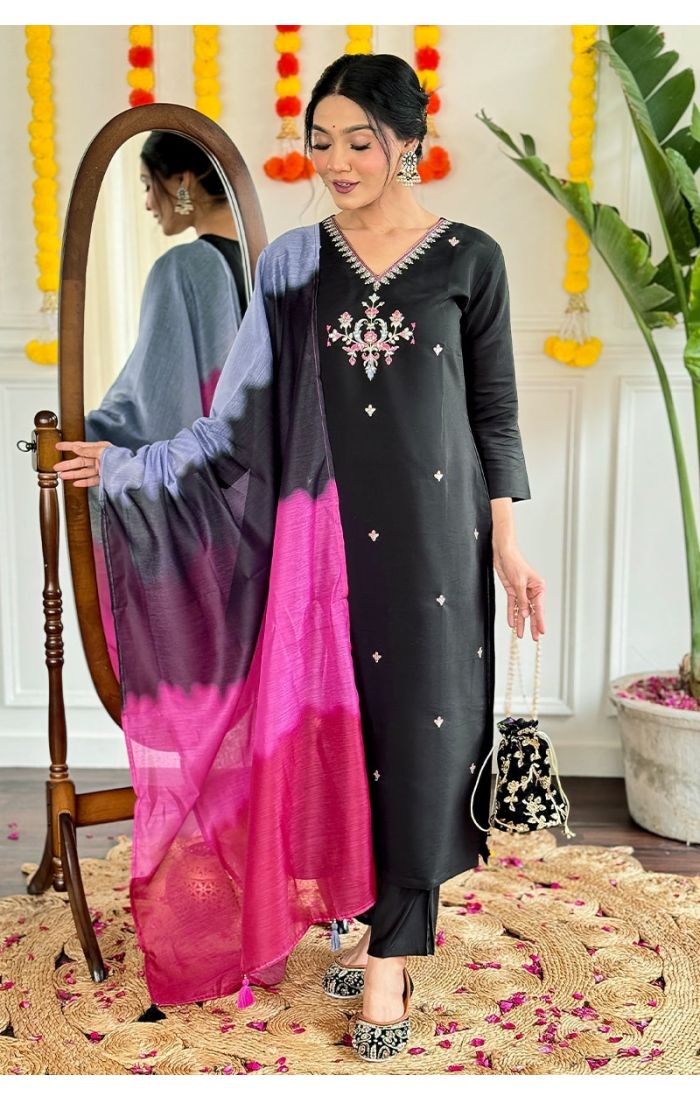 Black embroidered cotton kurti set with pink ombre dupatta, perfect for festive and wedding occasions.