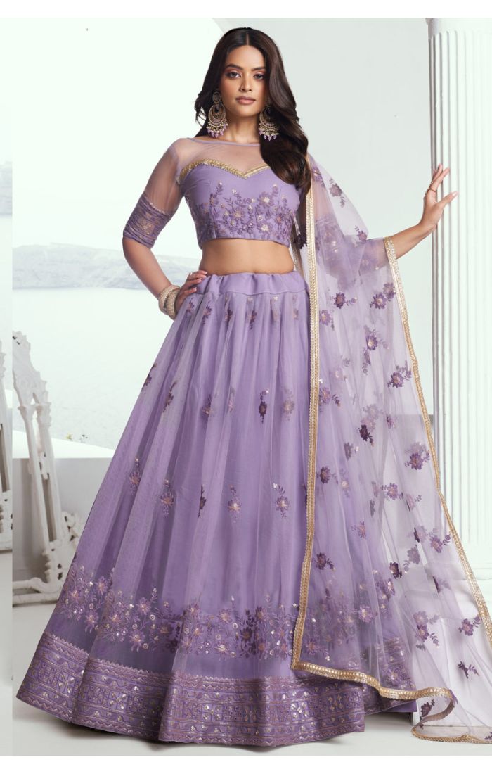 Lavender Embroidered Net Lehenga Set with Floral Sequins for Women