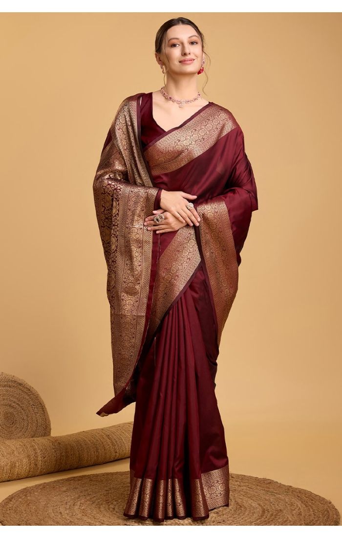 Elegant maroon soft silk saree with golden weaving, perfect for weddings, festive occasions, and special celebrations in USA, Canada, UK, and Europe.