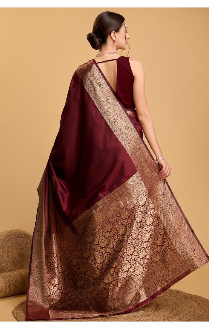 Elegant maroon soft silk saree with golden weaving, perfect for weddings, festive occasions, and special celebrations in USA, Canada, UK, and Europe.