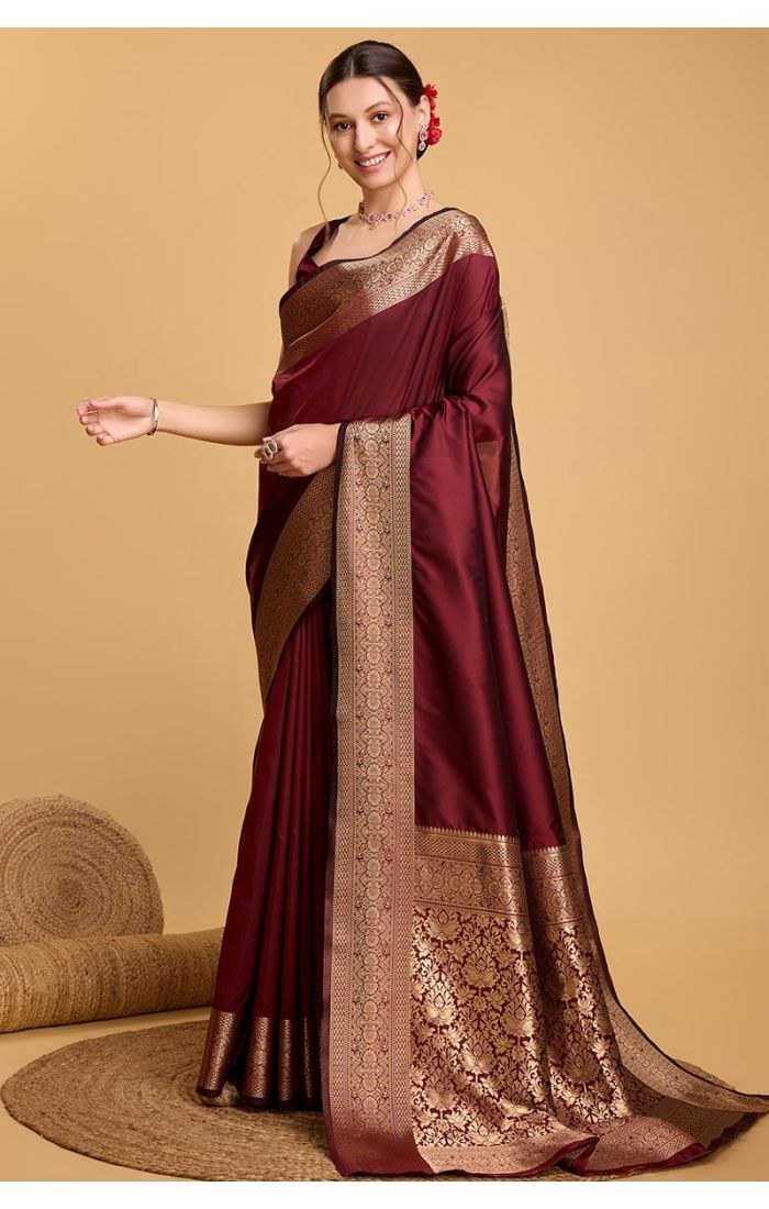 Elegant maroon soft silk saree with golden weaving, perfect for weddings, festive occasions, and special celebrations in USA, Canada, UK, and Europe.