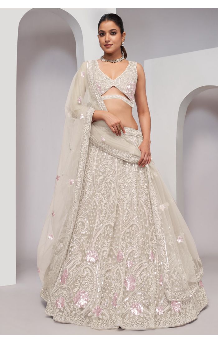 Shop Elegant off-white sequined net lehenga with embroidered dupatta for London, UK weddings Online 