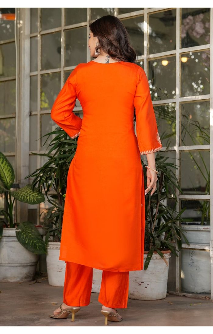 Orange festive embroidered kurta pant set with dupatta – perfect for weddings and cultural celebrations.