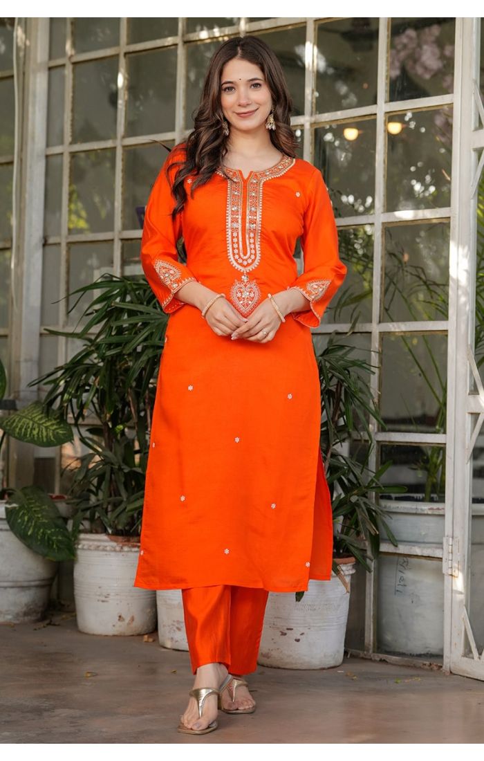 Orange festive embroidered kurta pant set with dupatta – perfect for weddings and cultural celebrations.