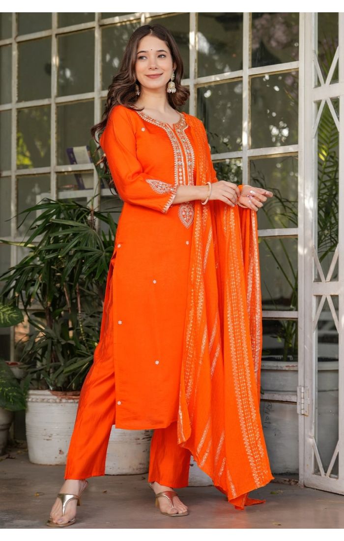 Orange festive embroidered kurta pant set with dupatta – perfect for weddings and cultural celebrations.