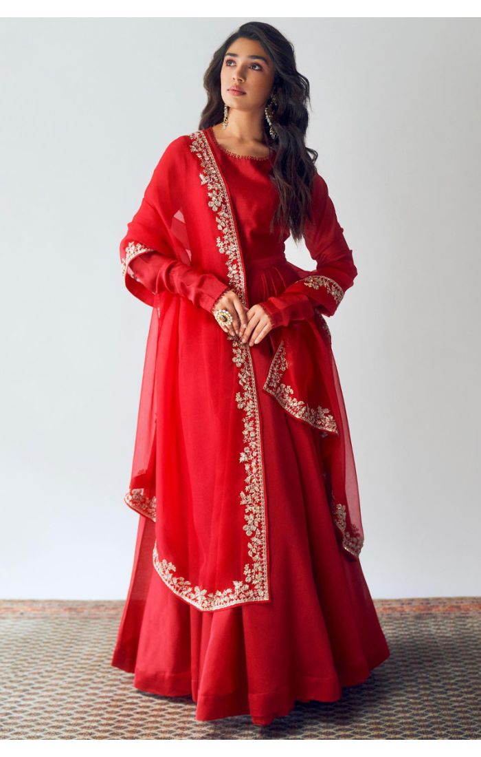 Online Elegant Red Georgette Anarkali Suit with Intricate Embroidery for EID in UK and USA