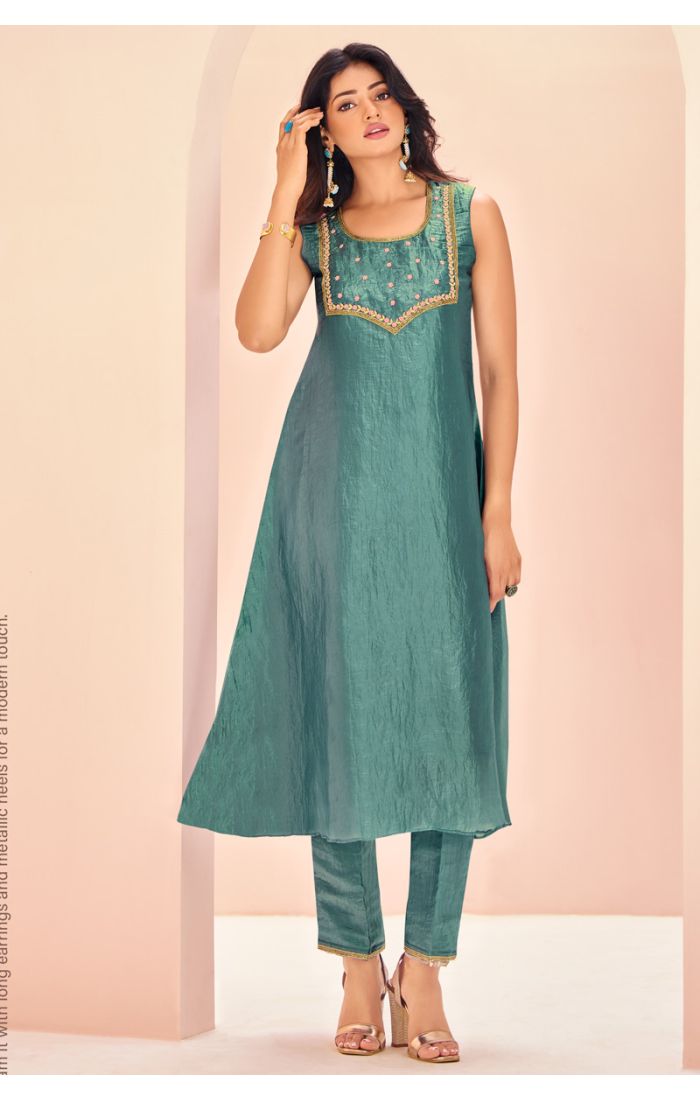 Elegant Teal Embroidered Silk Kurta Set for Eid Celebrations.