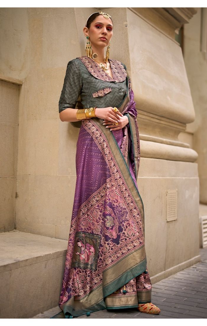 Violet Banarasi Silk Saree with Zari Work and Designer Blouse for Weddings & Festive Occasions.