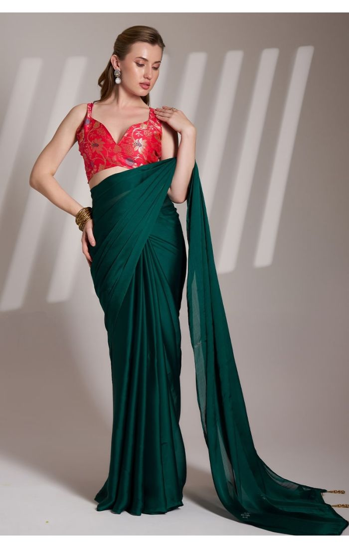 Emerald Green Chiffon Saree with Red Brocade Blouse for Wedding & Party Wear