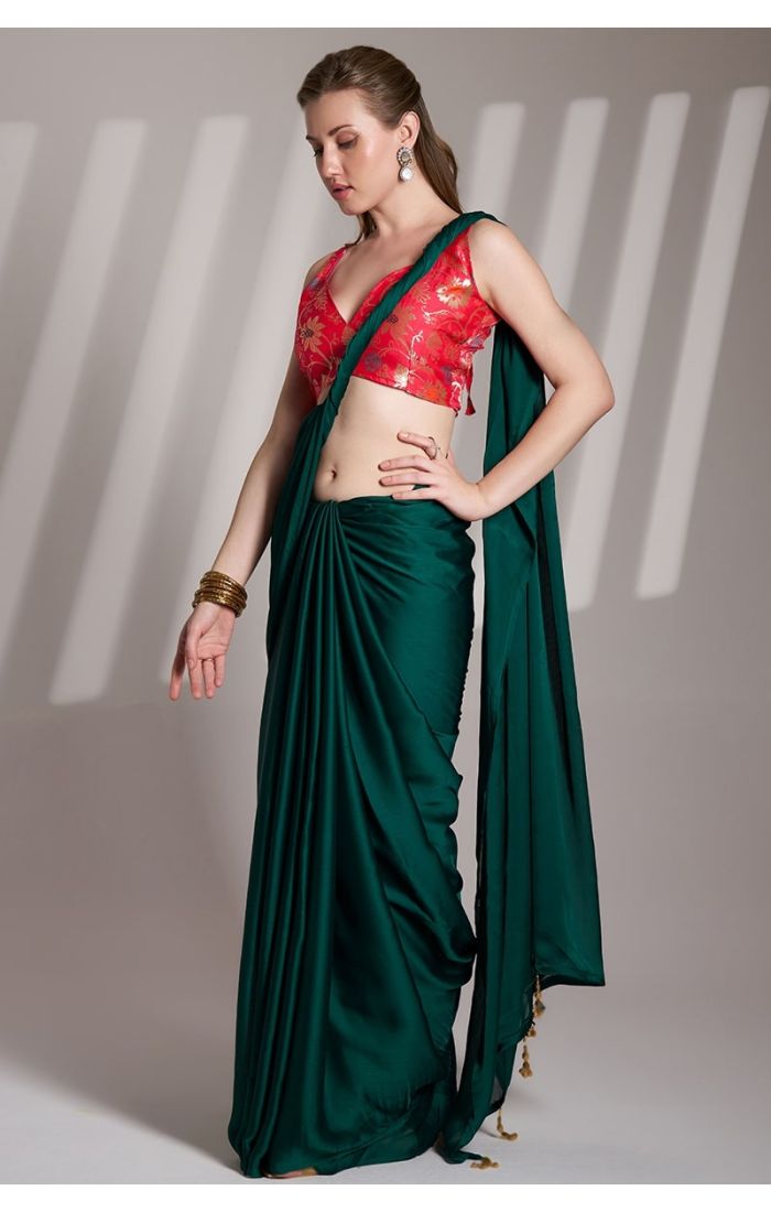 Emerald Green Chiffon Saree with Red Brocade Blouse for Wedding & Party Wear