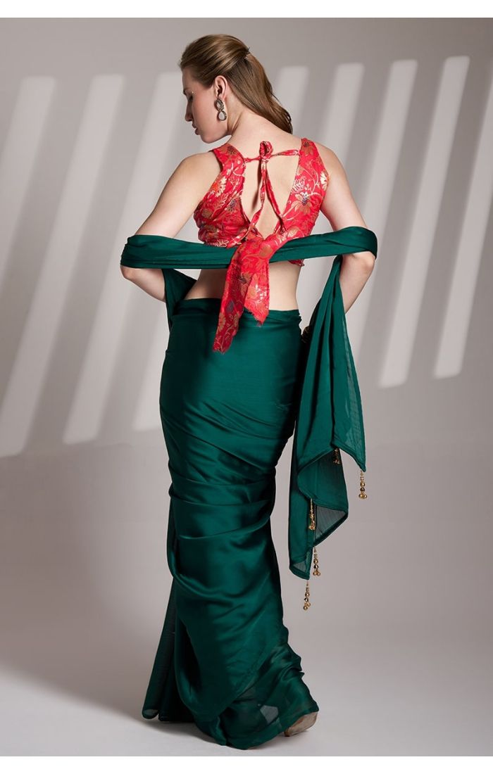 Emerald Green Chiffon Saree with Red Brocade Blouse for Wedding & Party Wear