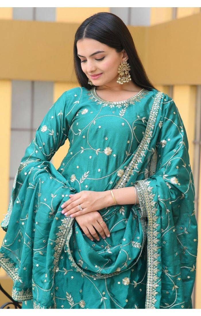 Emerald Green Chinon Sharara Suit with Embroidery & Dupatta – Wedding & Festive Wear