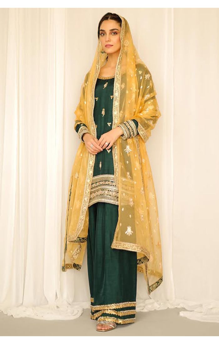 Elegant Emerald Green Sharara Suit with Gold Embroidery for Eid & Weddings