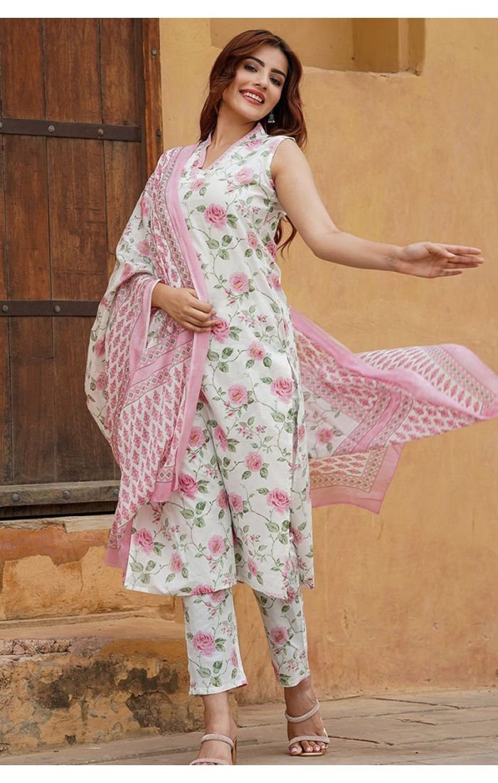 Ethereal Rose White Kurta Set with Floral Prints for Festive and Wedding Wear