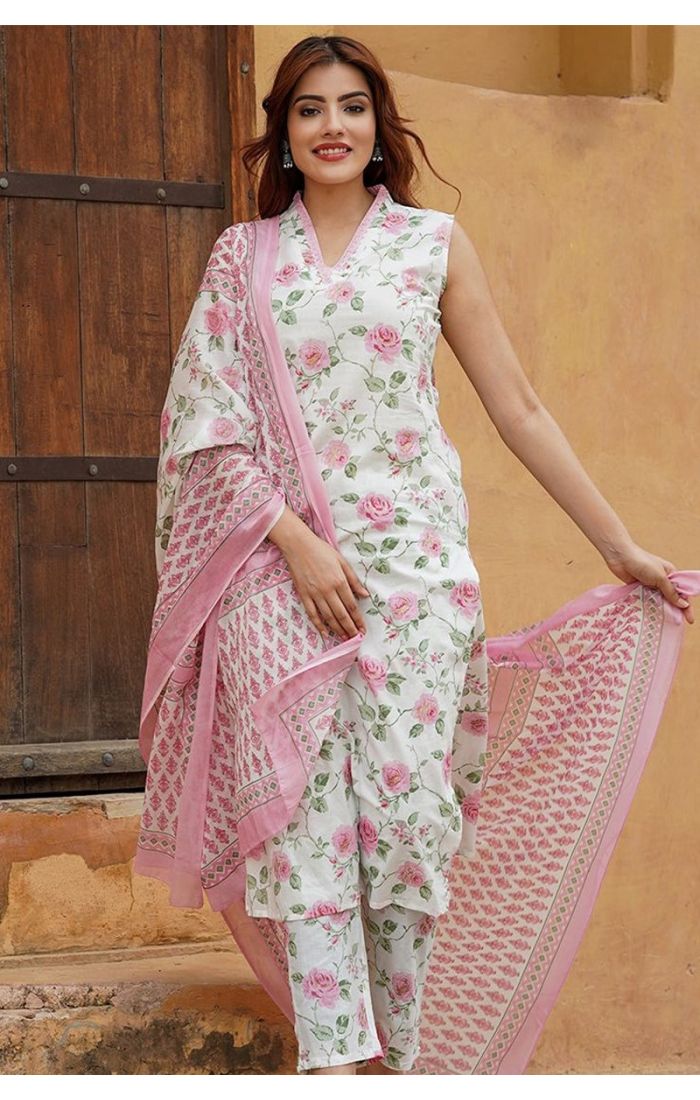 Ethereal Rose White Kurta Set with Floral Prints for Festive and Wedding Wear