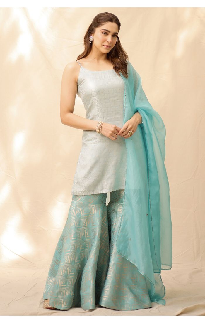 Pastel blue silk blend sharara set with brocade design for EID celebrations in the UK.