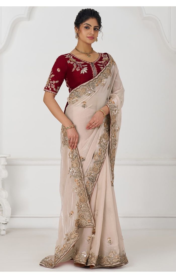 Elegant chiku Fendi silk saree front view with zari and sequins embroidery