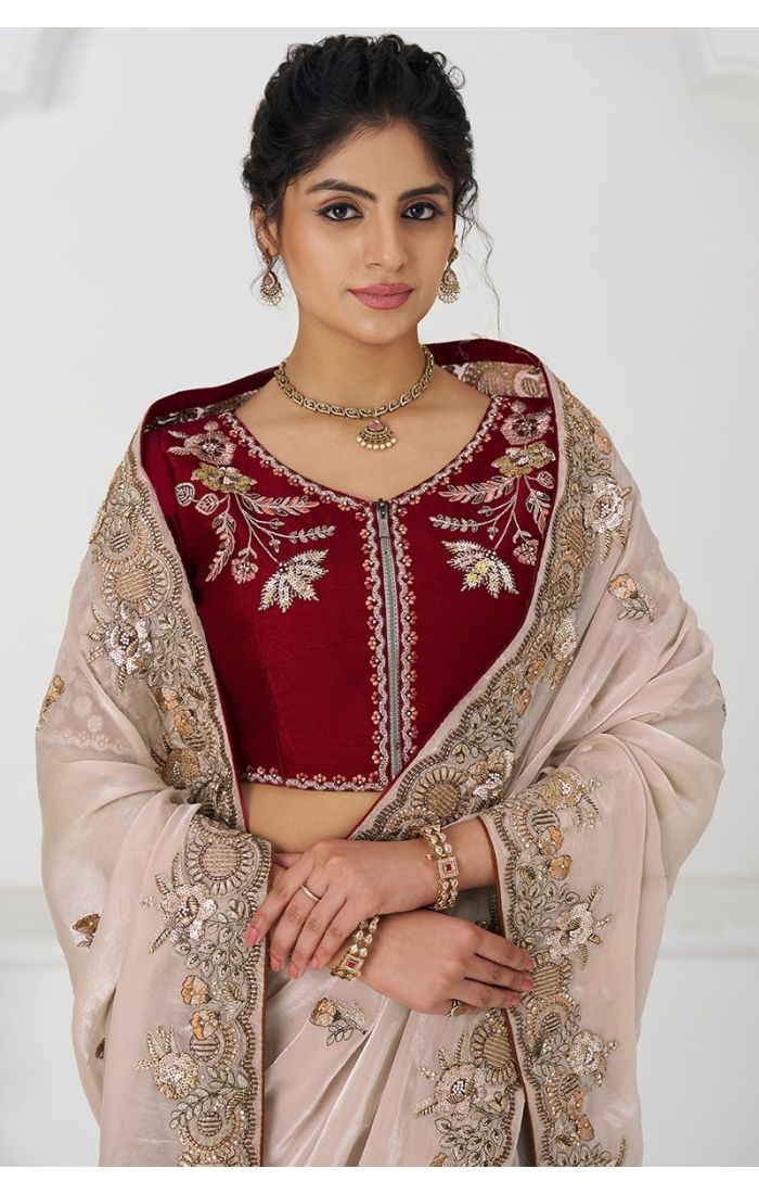 Close-up of red embroidered blouse and hand-crafted border of the chiku saree