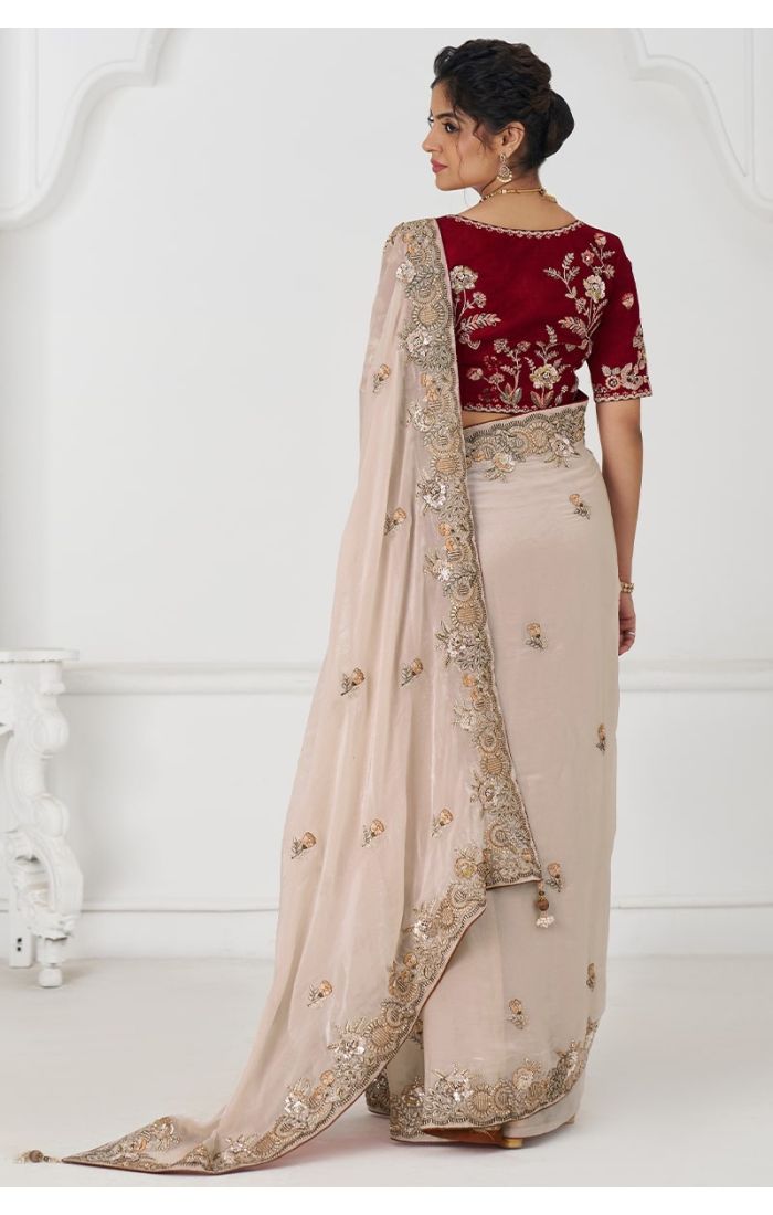  Back view of chiku Fendi silk saree with embroidered pallu and rich maroon blouse