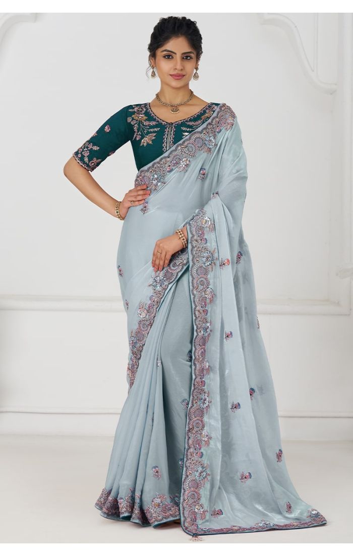  Full frontal view of elegant grey Fendi silk saree with shimmering sequin and zari work, ideal for festive occasions.