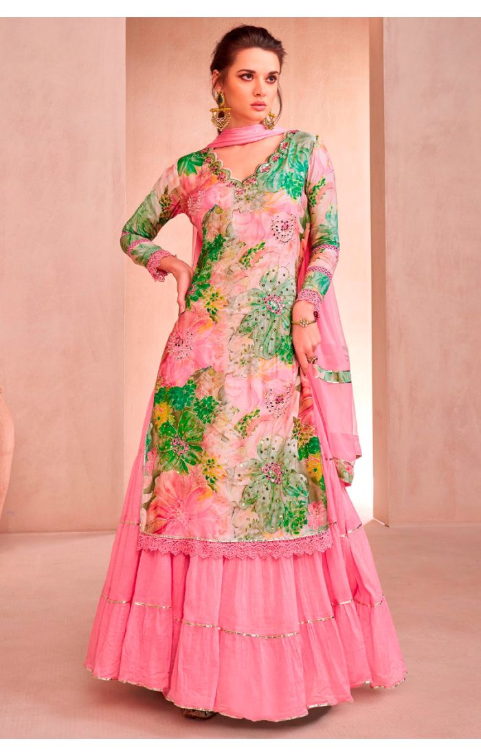 Floral Printed Anarkali Suit with Dupatta in Pink and Green