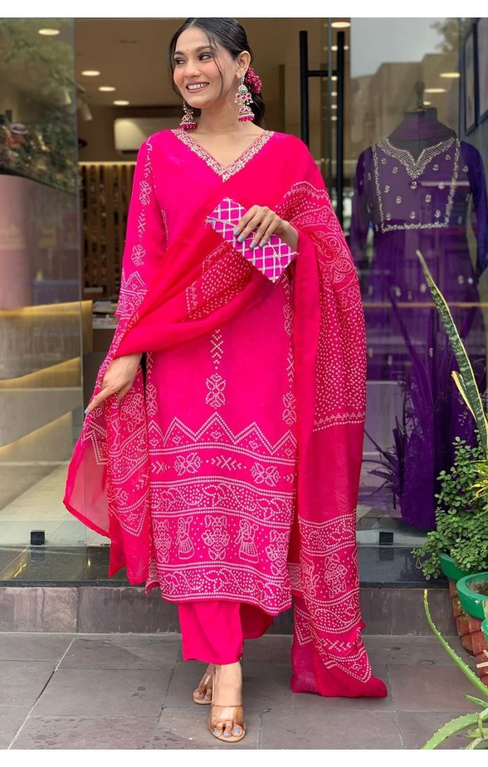 Fuchsia Pink Bandhani Kurta Pant Set with Mirror Work for Festive & Wedding Wear