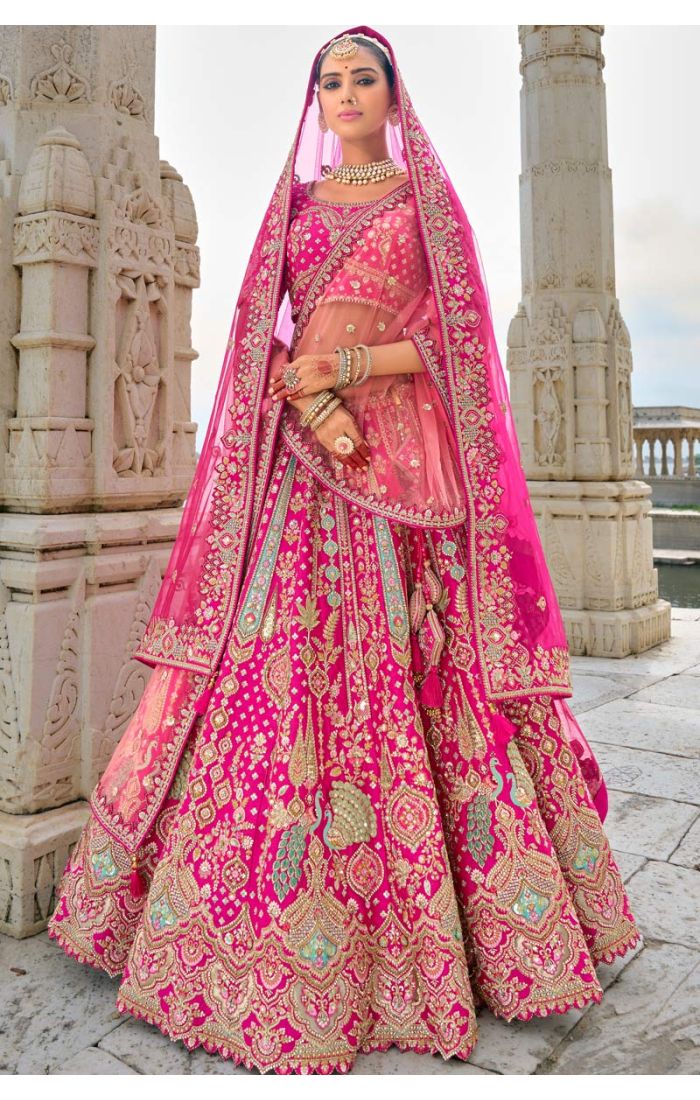 Fuchsia Pink Bridal Lehenga with Peacock Motifs and Zardosi Embroidery - LEHV3860