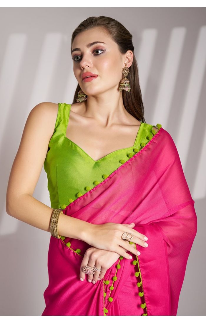  Fuchsia Pink Chiffon Saree with Green Art Silk Blouse – Designer Ethnic Wear for Weddings & Festivals