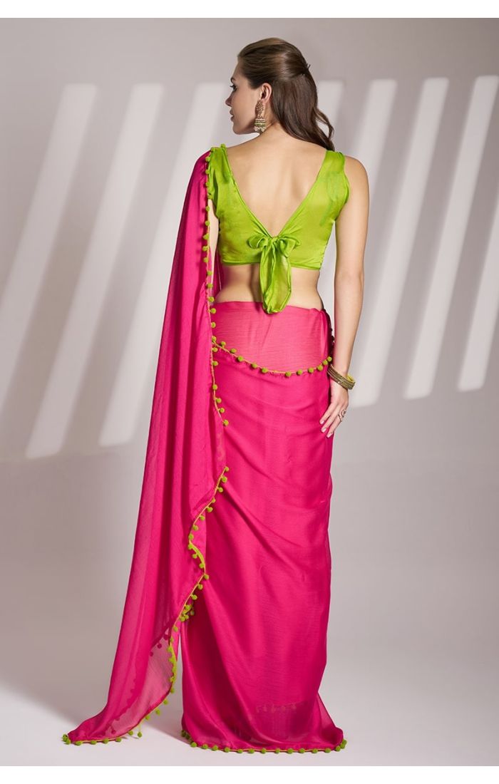  Fuchsia Pink Chiffon Saree with Green Art Silk Blouse – Designer Ethnic Wear for Weddings & Festivals