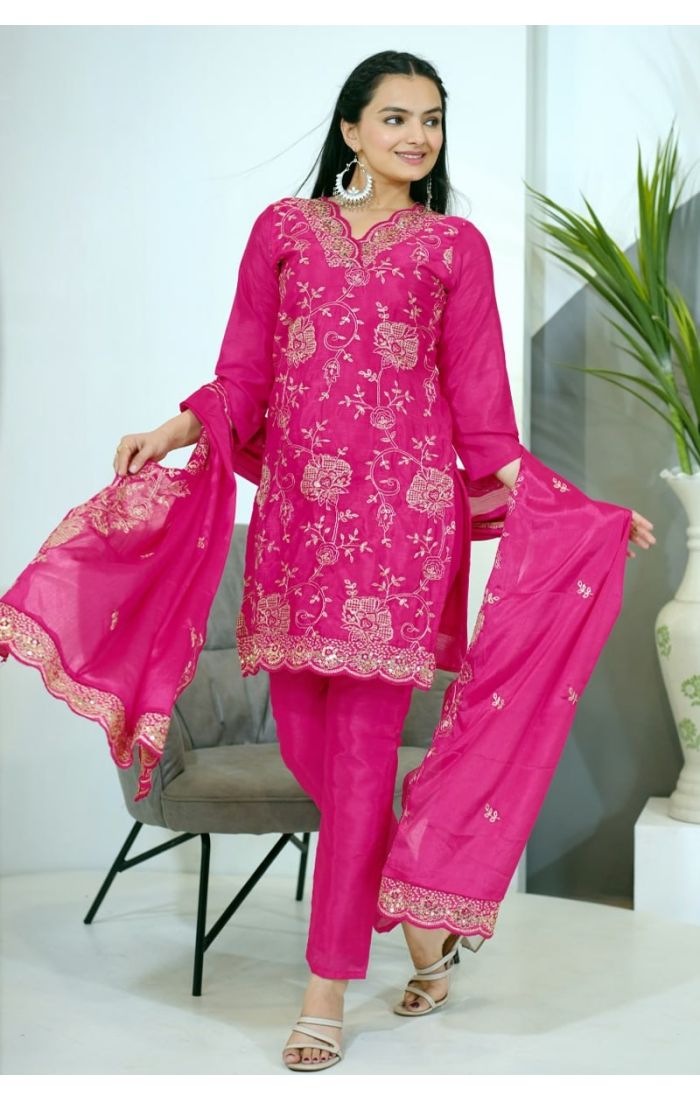 Elegant Fuchsia Pink Chinon Suit with Embroidery and Dupatta – Wedding & Festive Ethnic Wear