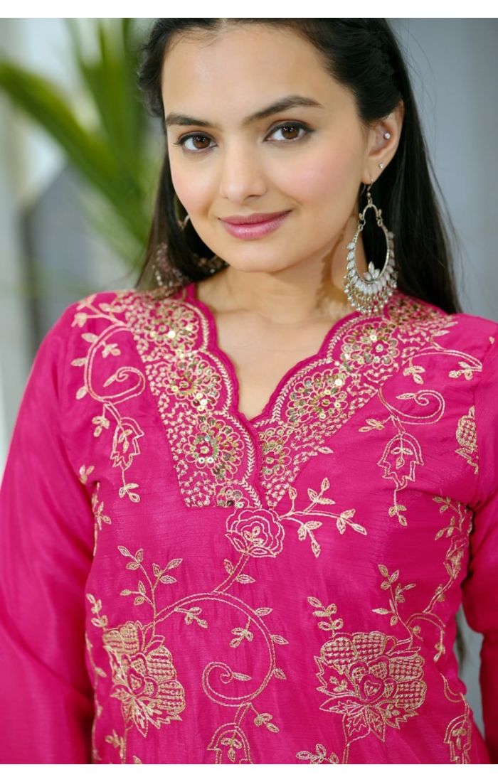 Elegant Fuchsia Pink Chinon Suit with Embroidery and Dupatta – Wedding & Festive Ethnic Wear