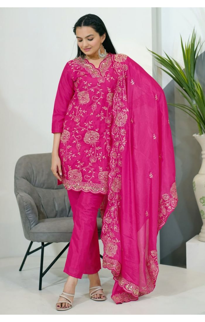 Elegant Fuchsia Pink Chinon Suit with Embroidery and Dupatta – Wedding & Festive Ethnic Wear