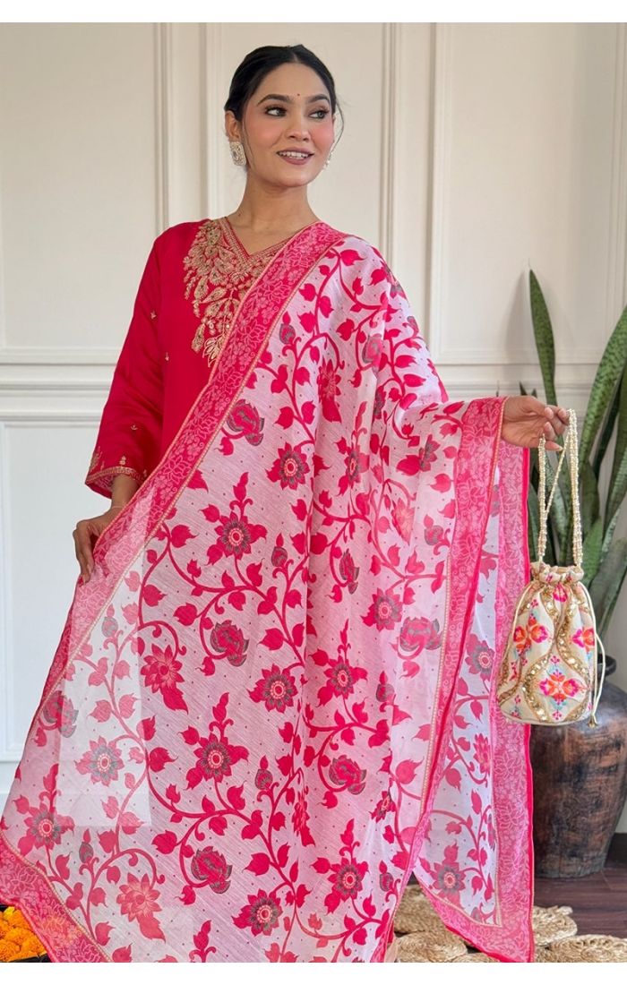 Fuchsia Pink Embroidered Kurti Set with Floral Organza Dupatta – Indian Festive & Wedding Wear