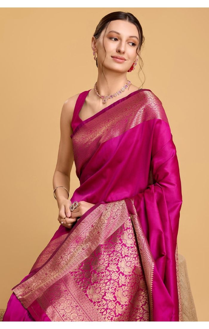 Fuchsia Pink Soft Silk Saree with Golden Zari Work for Wedding & Festive Wear