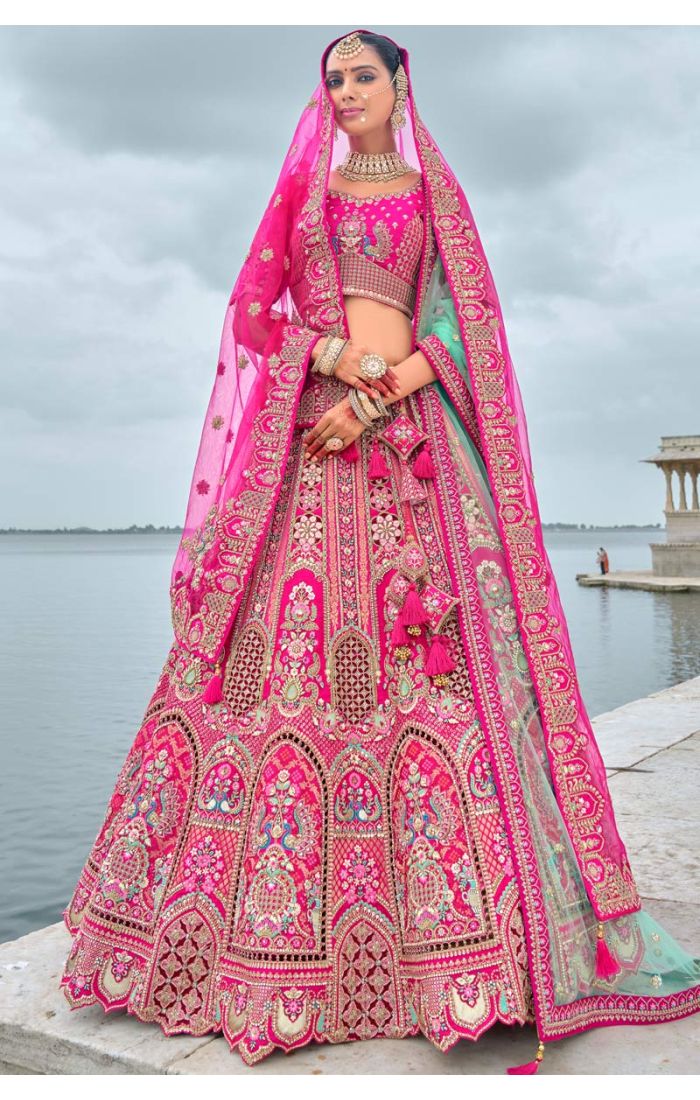 Elegant Pink Bridal Lehenga with Zardosi Embroidery and Peacock Motifs - Perfect for Weddings