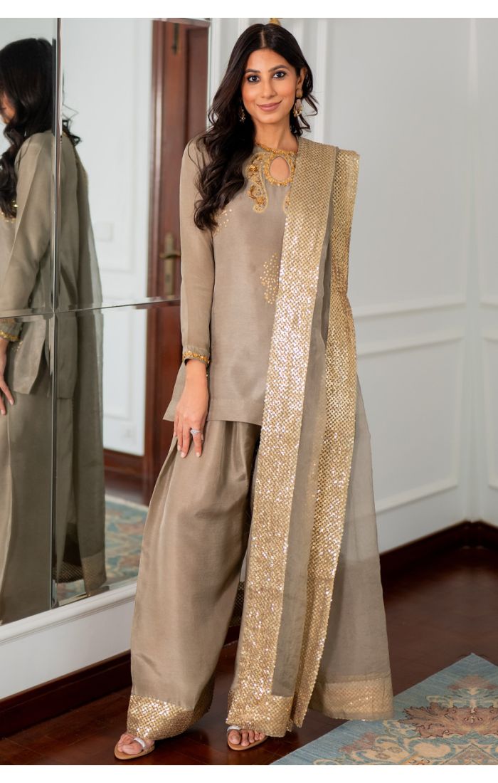 Golden Beige Sharara Suit with Silk Embroidery – Wedding & Festive Wear