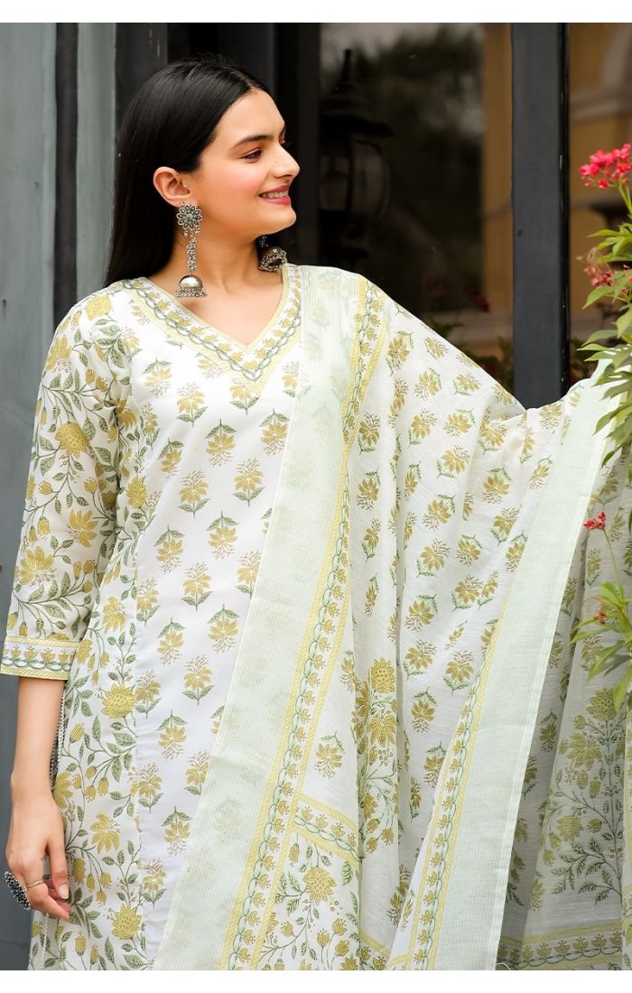 Golden Glow Mint Floral Kurta Set with Gold Floral Prints for Weddings and Festive Celebrations