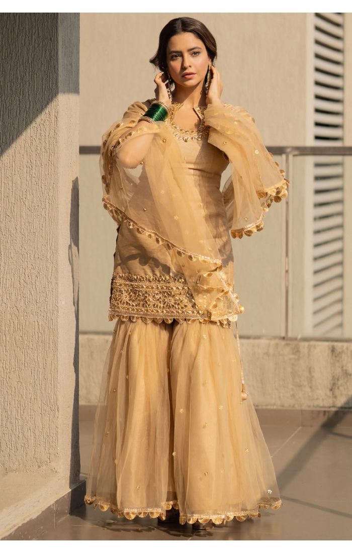 Golden Silk Sharara with Intricate Embroidery for EID Celebrations