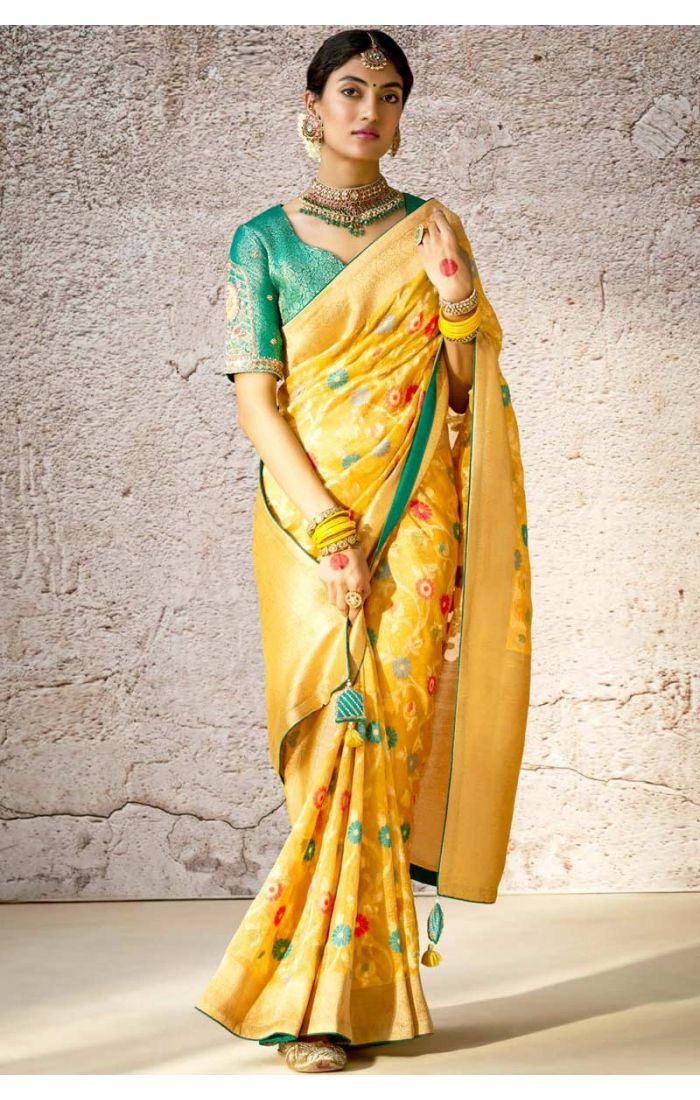 Golden Yellow Banarasi Silk Saree with Floral Embroidery Work for Weddings and Festivals