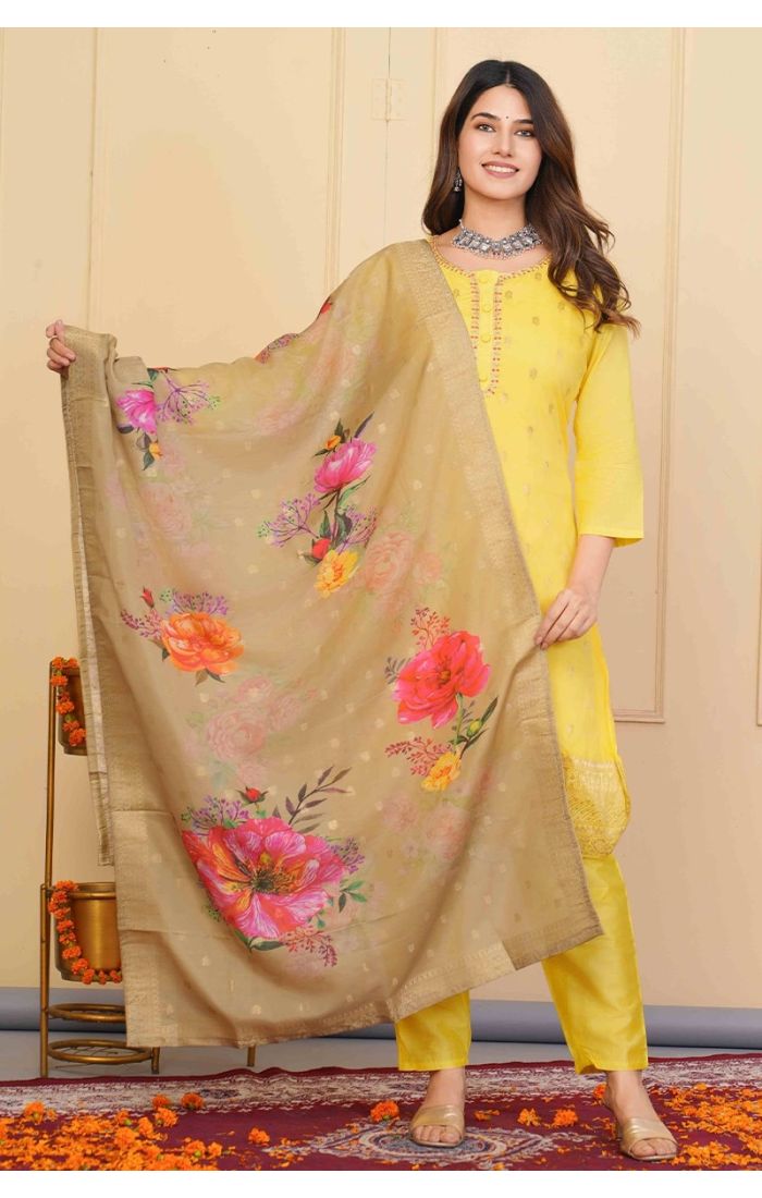 Golden Yellow Embroidered Chanderi Kurta Set with Floral Dupatta – Festive & Wedding Wear