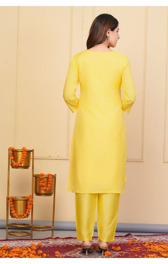 Golden Yellow Embroidered Chanderi Kurta Set with Floral Dupatta – Festive & Wedding Wear