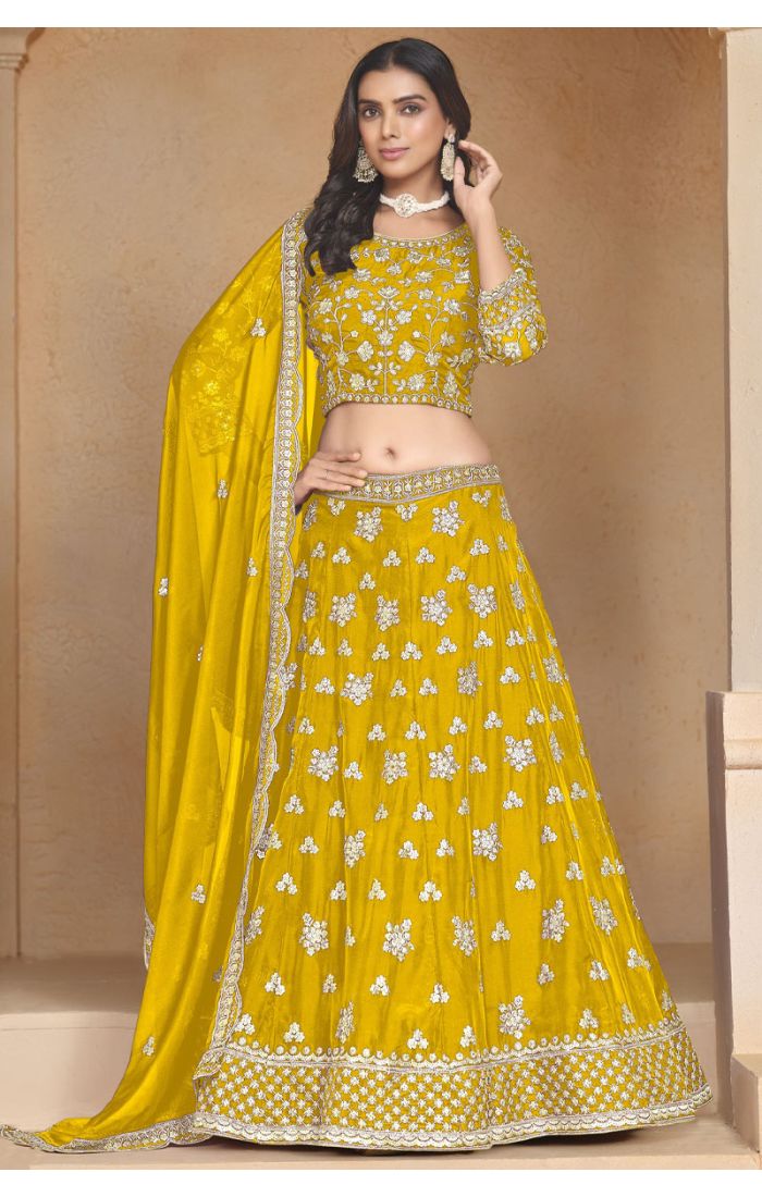 Shop Golden Yellow Embroidered Silk Lehenga Choli for Haldi Ceremony Online in UK