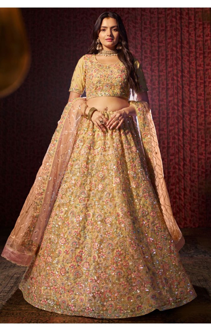 Golden Yellow Embroidered Silk Lehenga with Floral Design – Perfect for Weddings