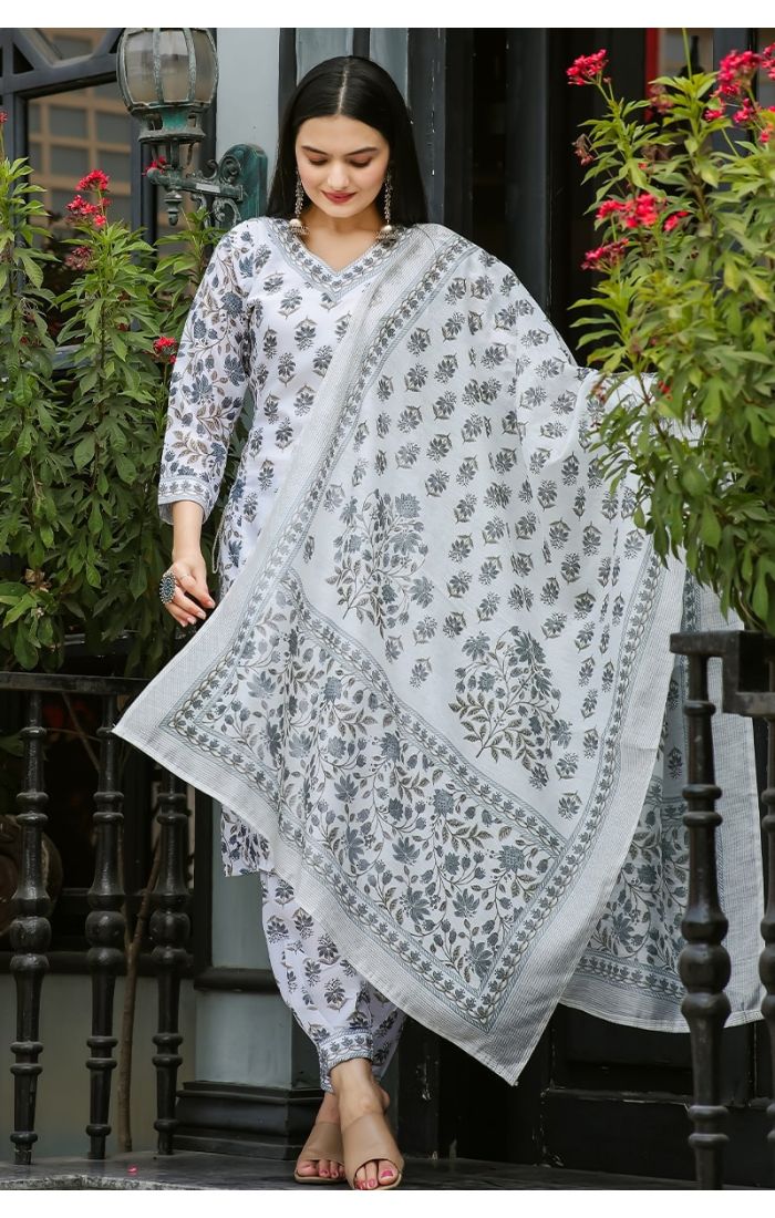 Graceful Bloom White Cotton Kurta Set with Elegant Block Print for Festive & Wedding Wear