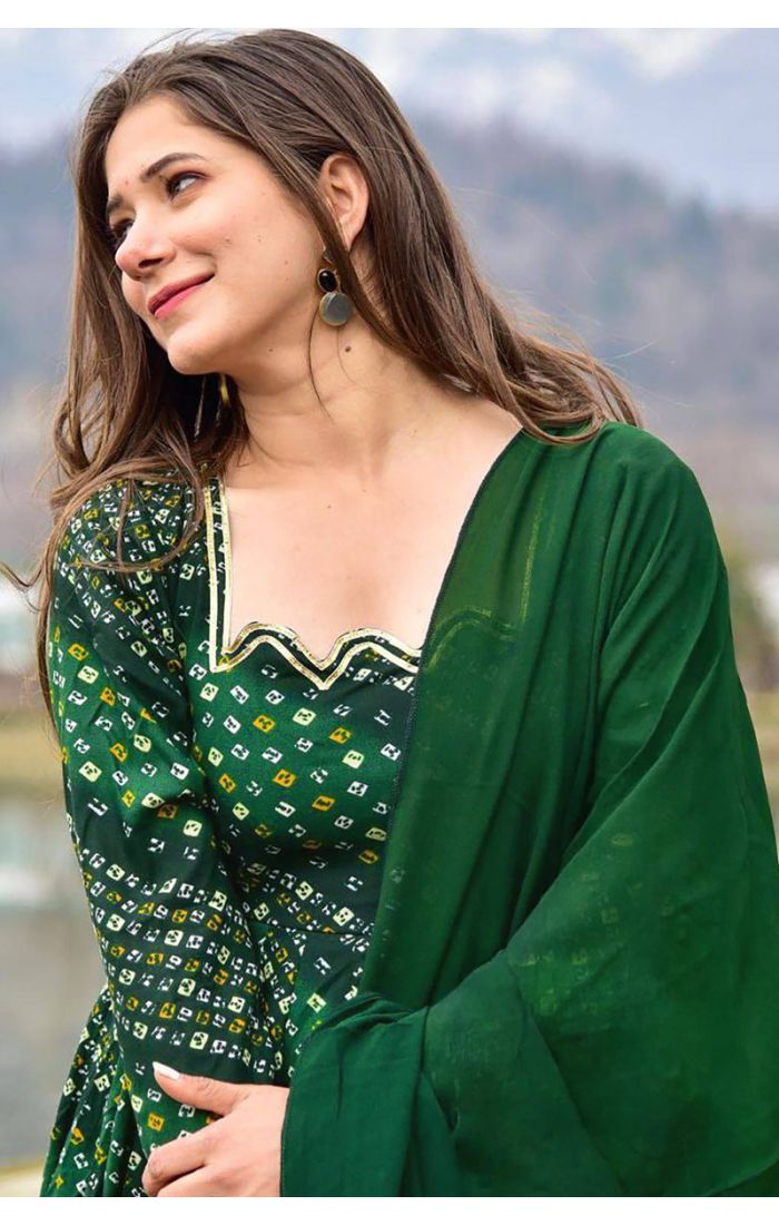 Green Bandhani Anarkali Dress with Dupatta for festive and wedding occasions.